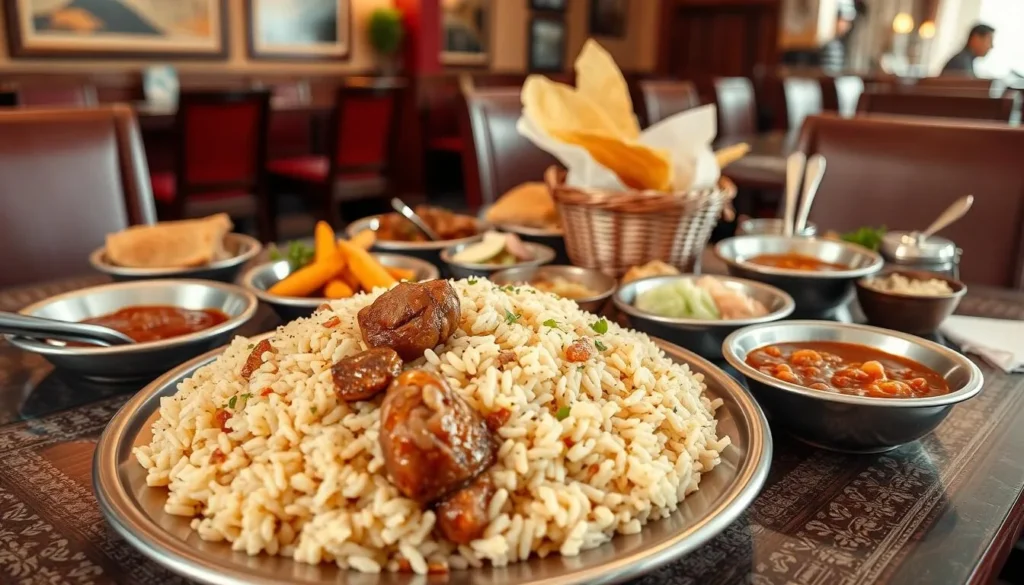 Traditional Saudi Arabian meal with Saleeg, bread, and side dishes served in a local Taif restaurant