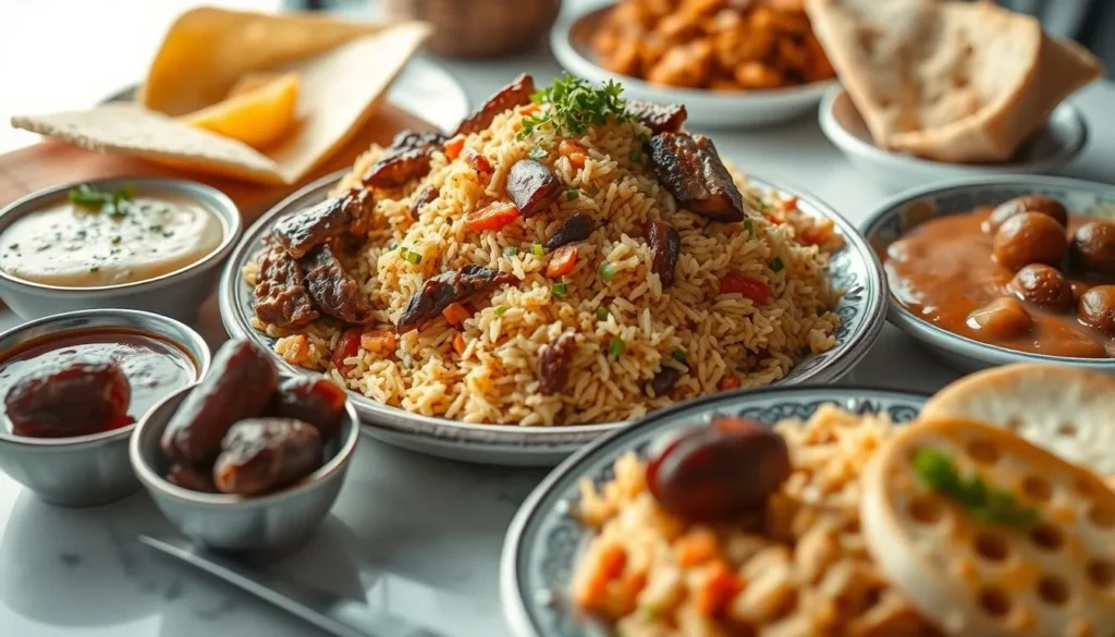 Traditional Saudi Arabian meal with kabsa rice and meat dishes