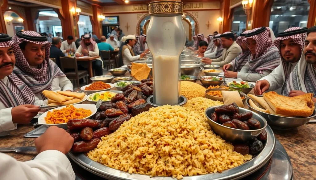 Traditional Saudi Arabian meal with kabsa rice, meat, and dates in Buraydah restaurant