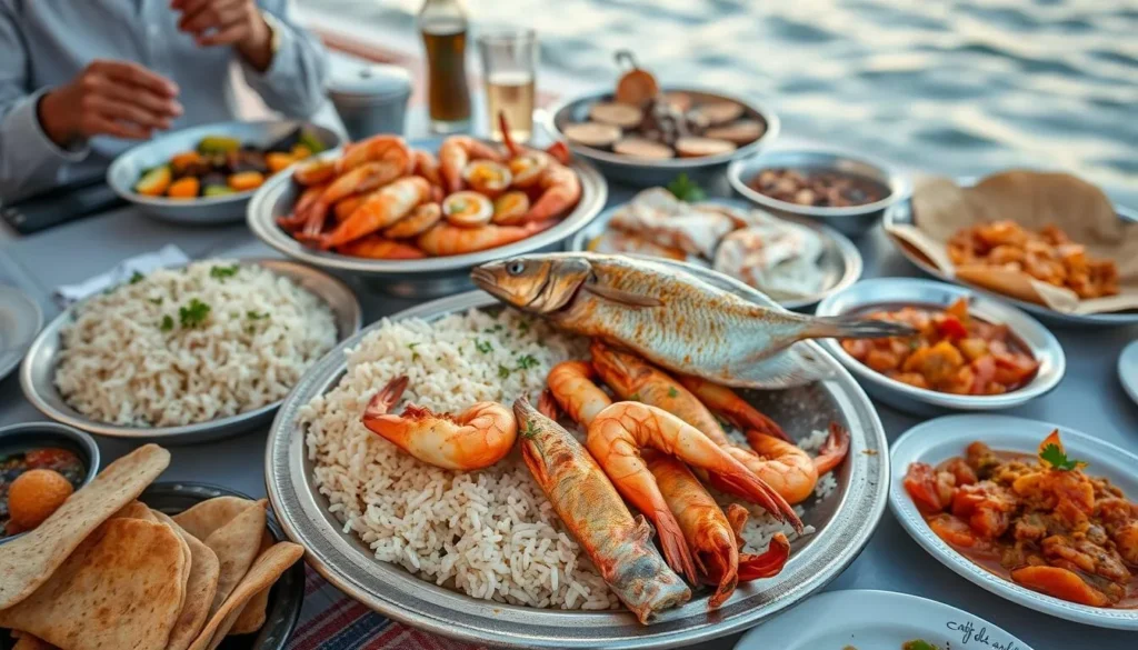 Traditional Saudi Arabian seafood feast with grilled fish and side dishes