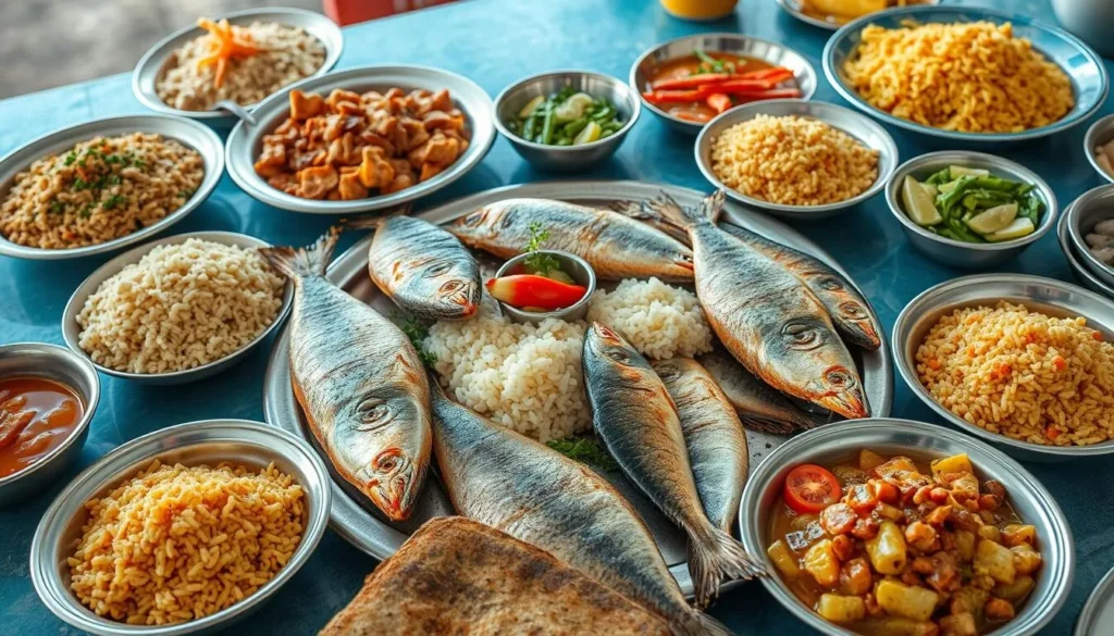 Traditional Saudi seafood feast with fresh fish and local dishes in Umluj, Saudi Arabia Traditional Saudi seafood feast with fresh fish and local dishes in Umluj, Saudi Arabia