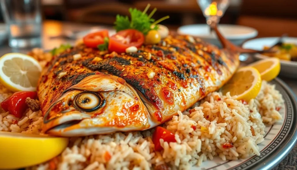 Traditional Saudi seafood platter with grilled fish, rice, and local spices served at a Yanbu restaurant