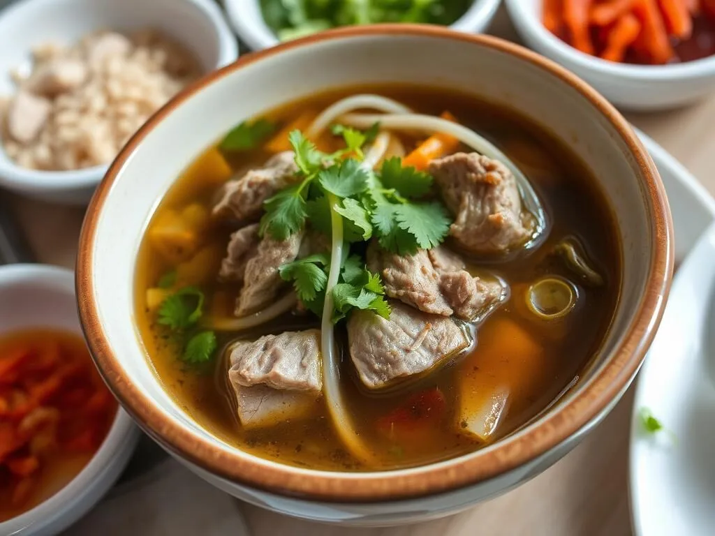 Traditional Sauto dish from Tegal, Indonesia served in a bowl with side condiments
