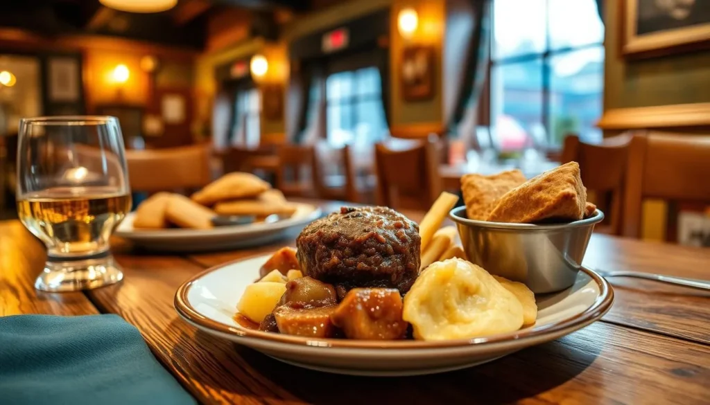 Traditional Scottish meal in Inverness restaurant featuring haggis, neeps and tatties