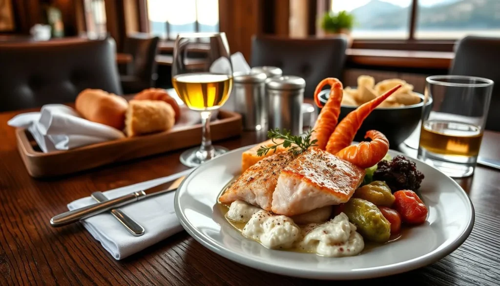 Traditional Scottish meal with seafood and whisky in a Fort William restaurant
