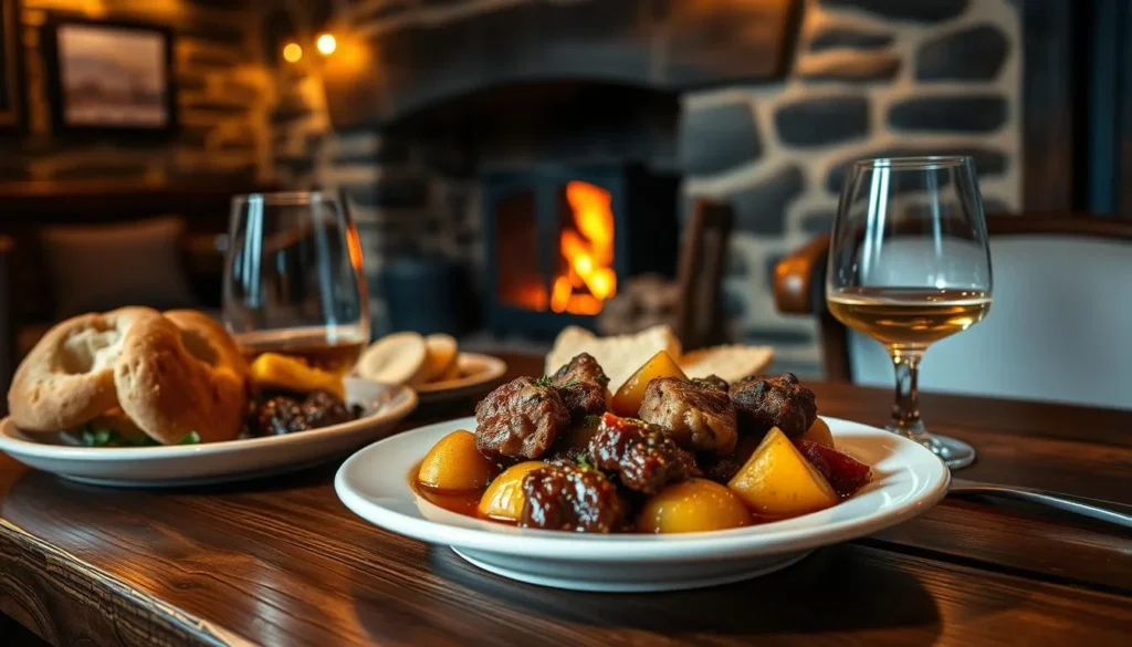 Traditional Scottish meal with venison stew, neeps and tatties in a cozy Glencoe pub