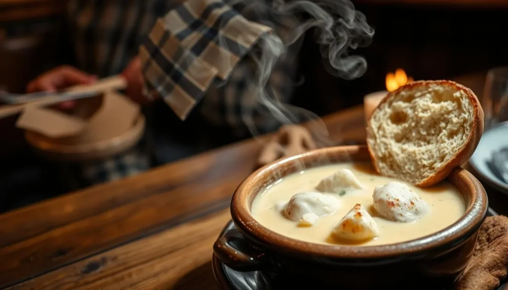 Traditional Scottish seafood dish of Cullen Skink being served in a restaurant in Aberdeen