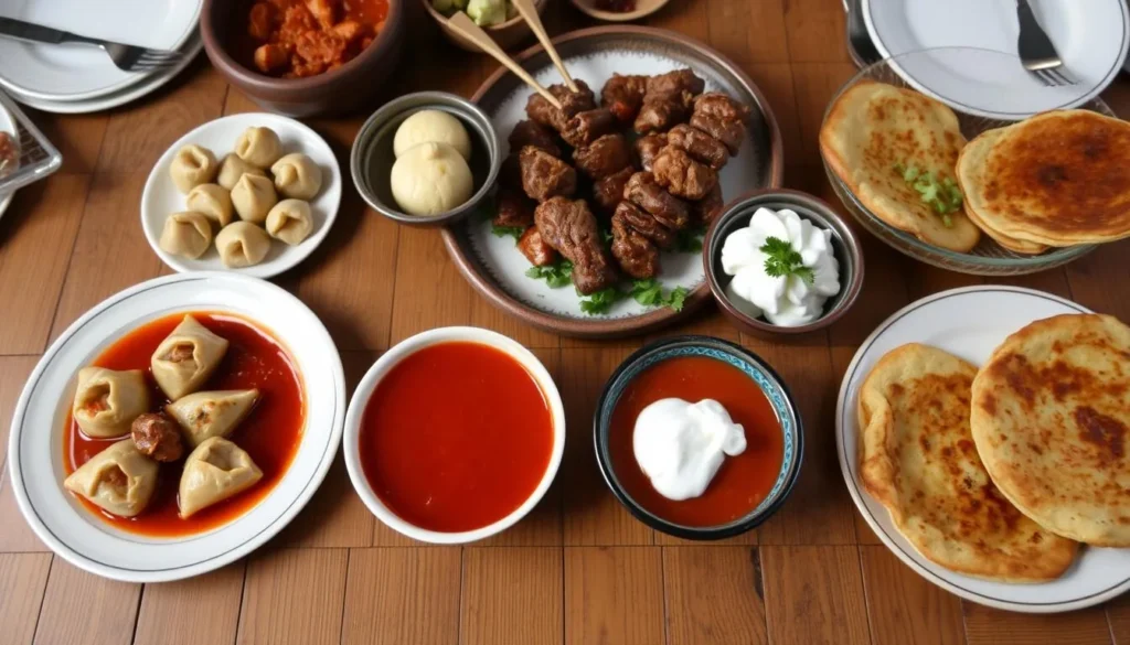 Traditional Siberian cuisine featuring pelmeni dumplings and other local dishes Traditional Siberian cuisine featuring pelmeni dumplings and other local dishes