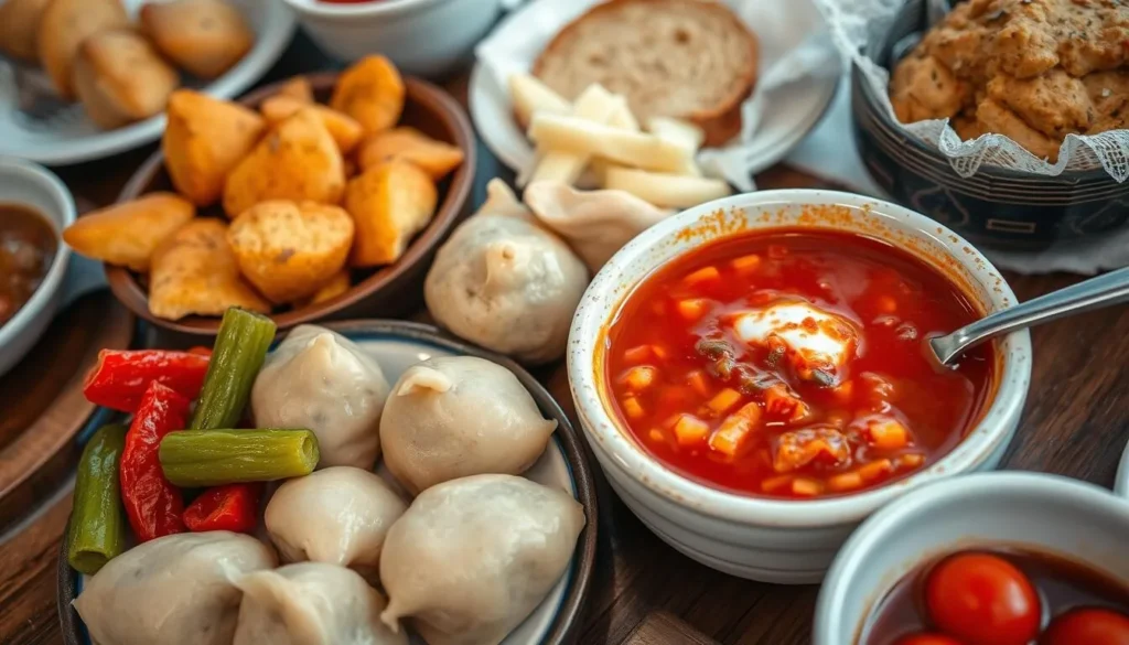 Traditional Siberian dishes served at a local restaurant in Barnaul featuring pelmeni dumplings and local specialties