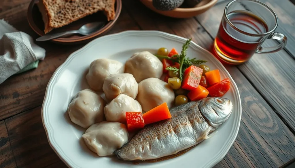 Traditional Siberian meal featuring pelmeni dumplings, smoked omul fish, and pickled vegetables