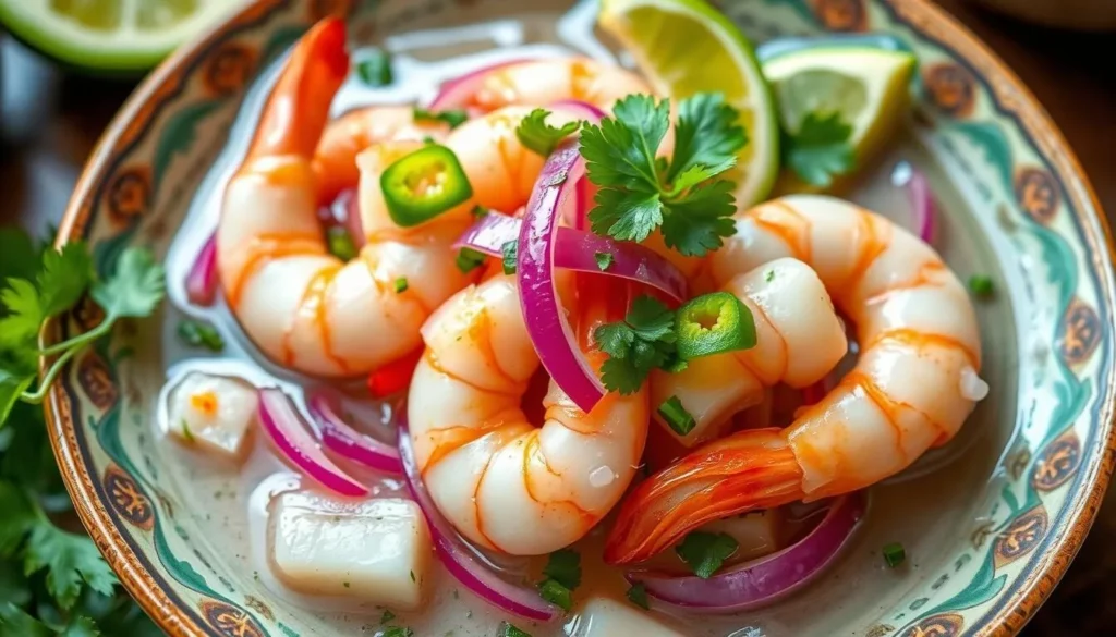 Traditional Sinaloan aguachile dish with fresh shrimp, lime, and chilies