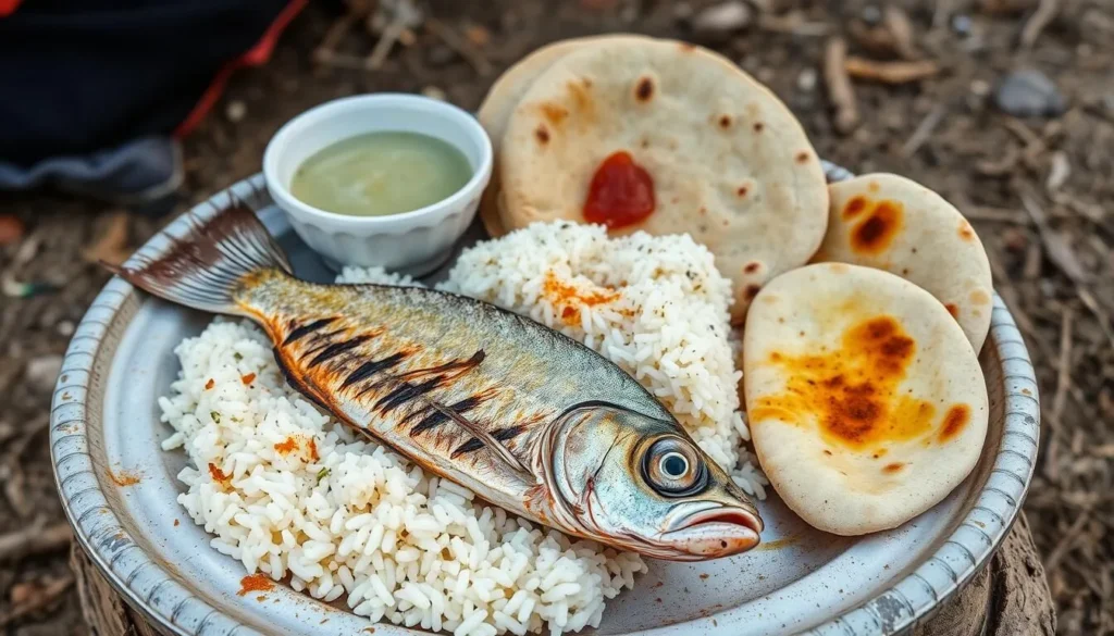 Traditional Socotri meal with grilled fish, rice, and flatbread served on a simple platter