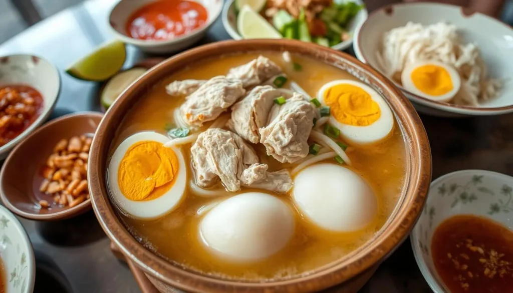 Traditional Soto Banjar dish served in a restaurant with side dishes and condiments