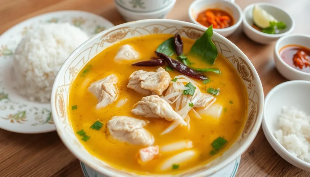 Traditional Soto Medan soup served in a bowl with rice and condiments on the side Traditional Soto Medan soup served in a bowl with rice and condiments on the side