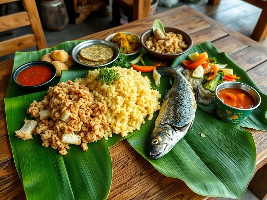 Traditional Southeast Sulawesi meal with Kasuami and grilled fish