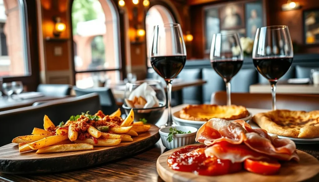 Traditional Spanish tapas spread with patatas bravas, jamón ibérico, and local wine in a Madrid restaurant