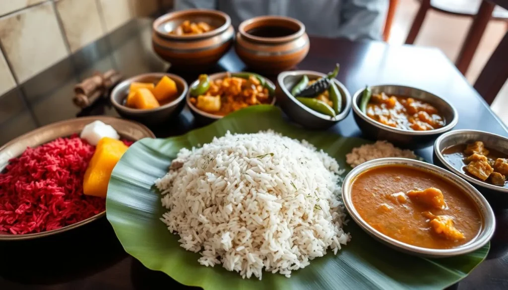 Traditional Sri Lankan curry and rice spread with various colorful dishes served on banana leaf