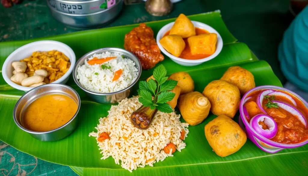 Traditional Sri Lankan food served on banana leaf including rice, curry, and samosas