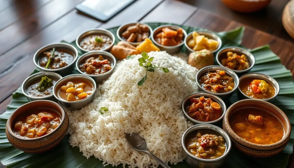 Traditional Sri Lankan rice and curry meal served at a safari lodge