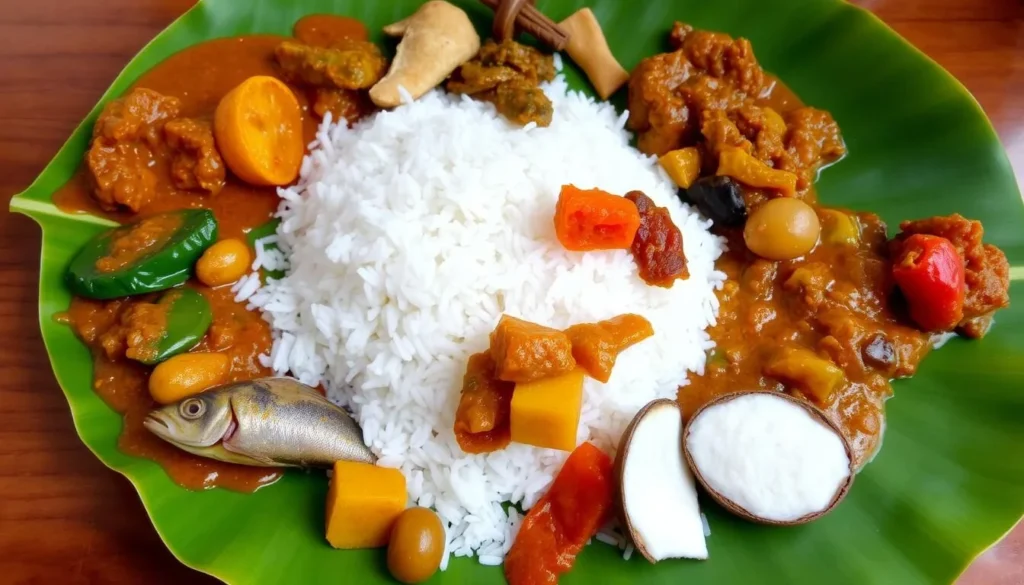 Traditional Sri Lankan rice and curry meal with local specialties
