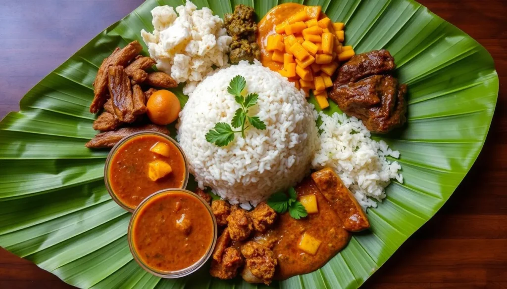 Traditional Sri Lankan rice and curry meal with local specialties