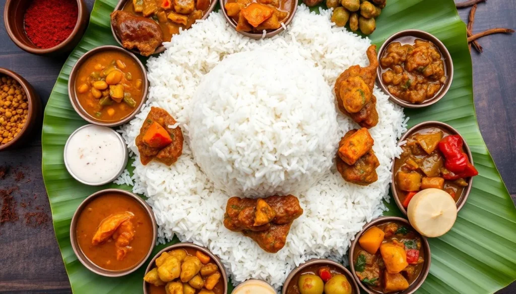 Traditional Sri Lankan rice and curry meal with various colorful side dishes
