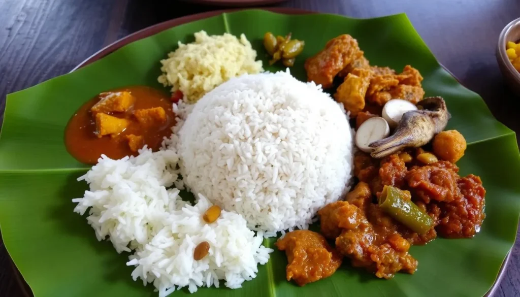 Traditional Sri Lankan rice and curry meal with various side dishes