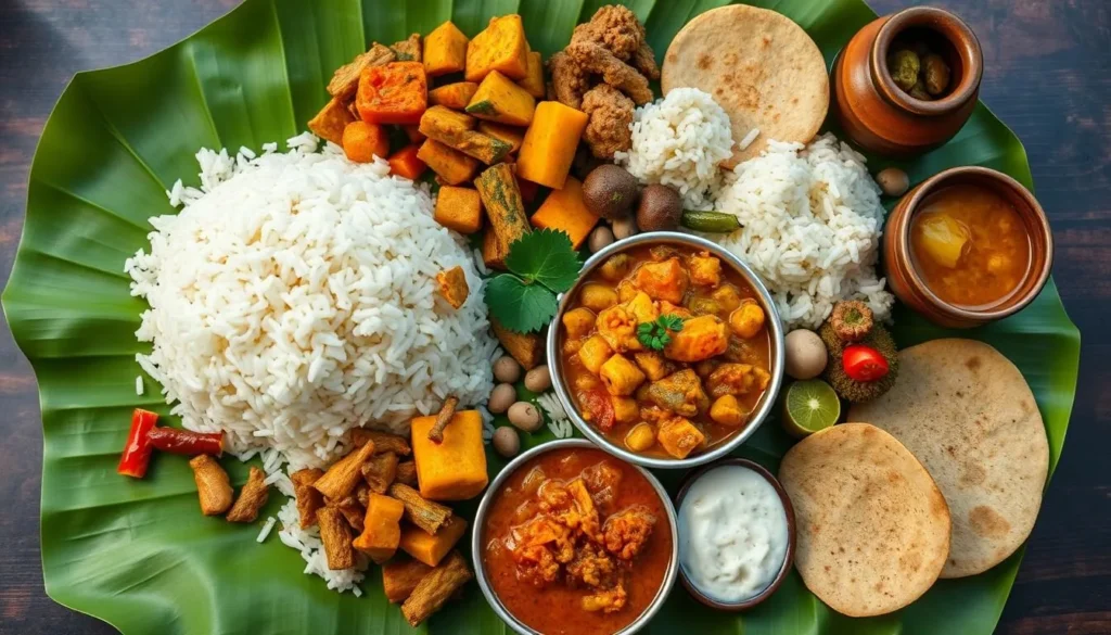 Traditional Sri Lankan rice and curry meal with various side dishes Traditional Sri Lankan rice and curry meal with various side dishes