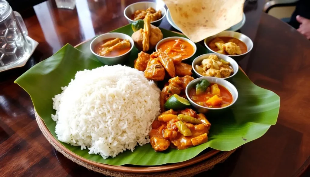 Traditional Sri Lankan rice and curry meal with various side dishes served near Minneriya National Park Traditional Sri Lankan rice and curry meal with various side dishes served near Minneriya National Park