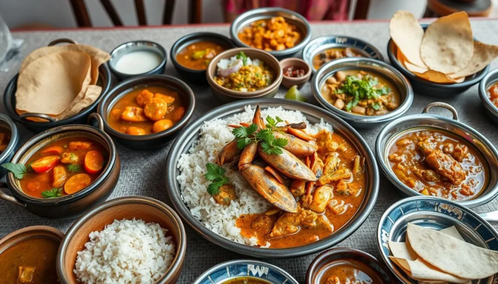 Traditional Sri Lankan rice and curry spread with seafood specialties