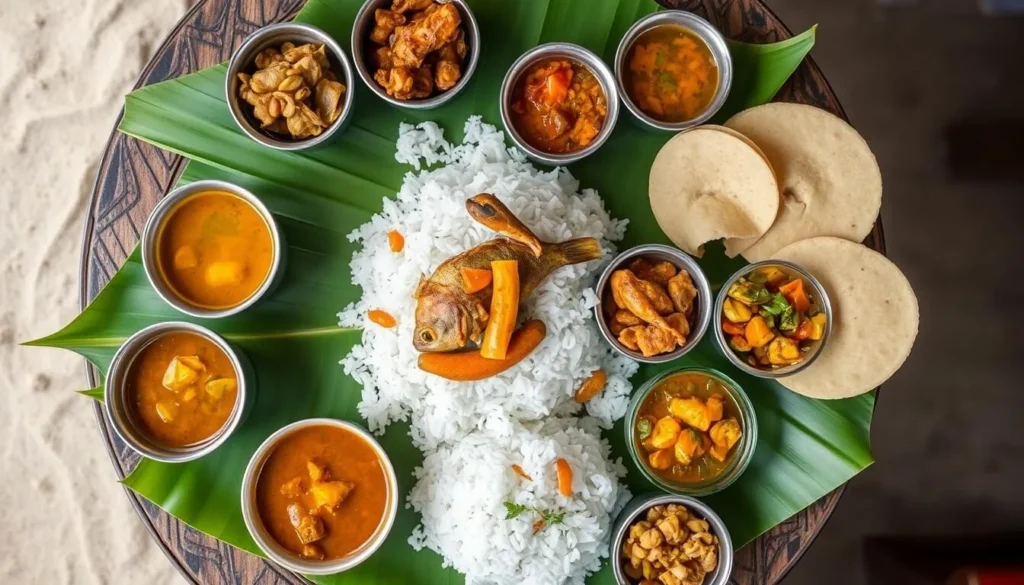 Traditional Sri Lankan rice and curry spread with seafood specialties in Unawatuna
