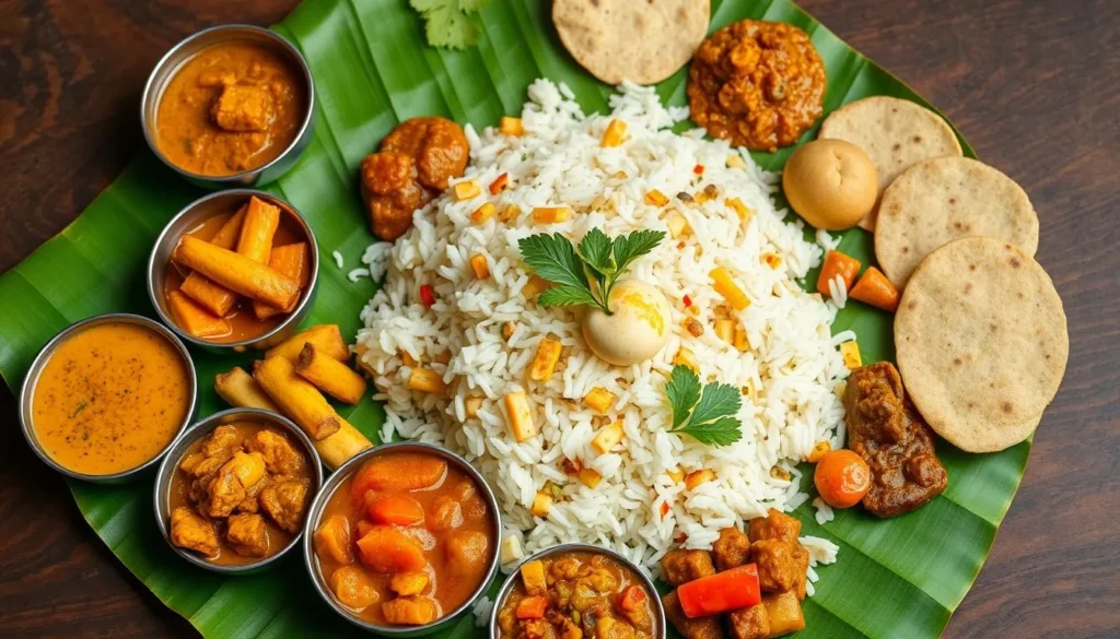 Traditional Sri Lankan rice and curry spread with various colorful dishes