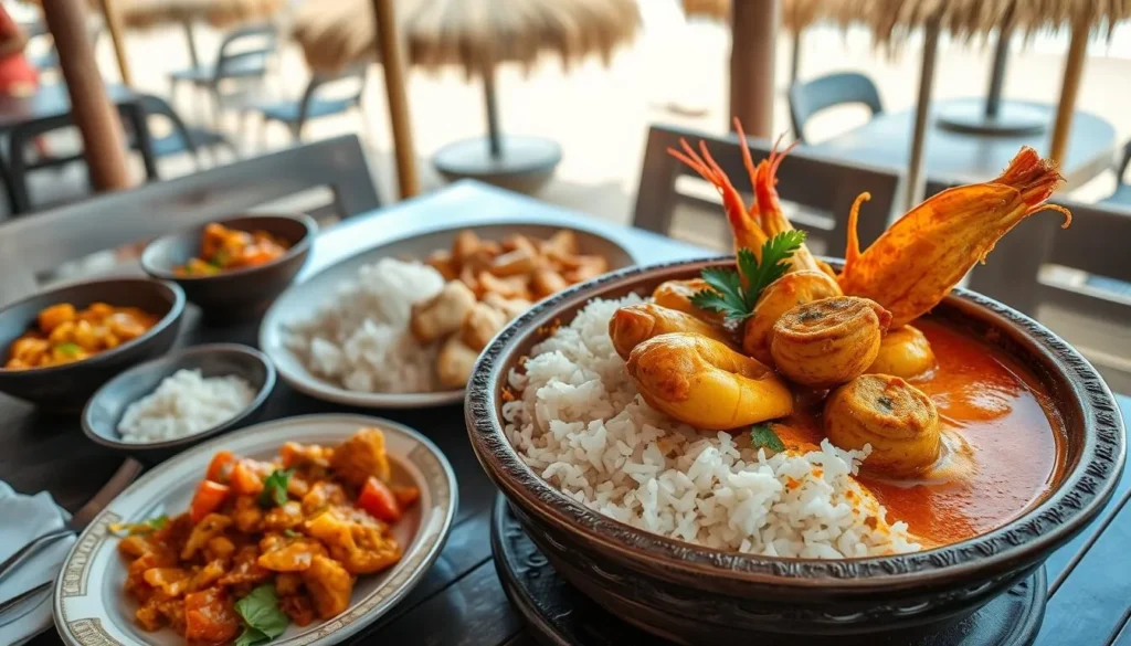 Traditional Sri Lankan seafood curry served in a clay pot with rice and side dishes