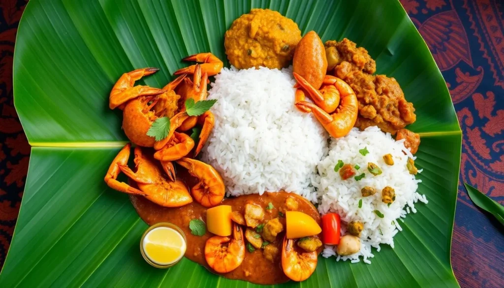 Traditional Sri Lankan seafood curry with rice and side dishes