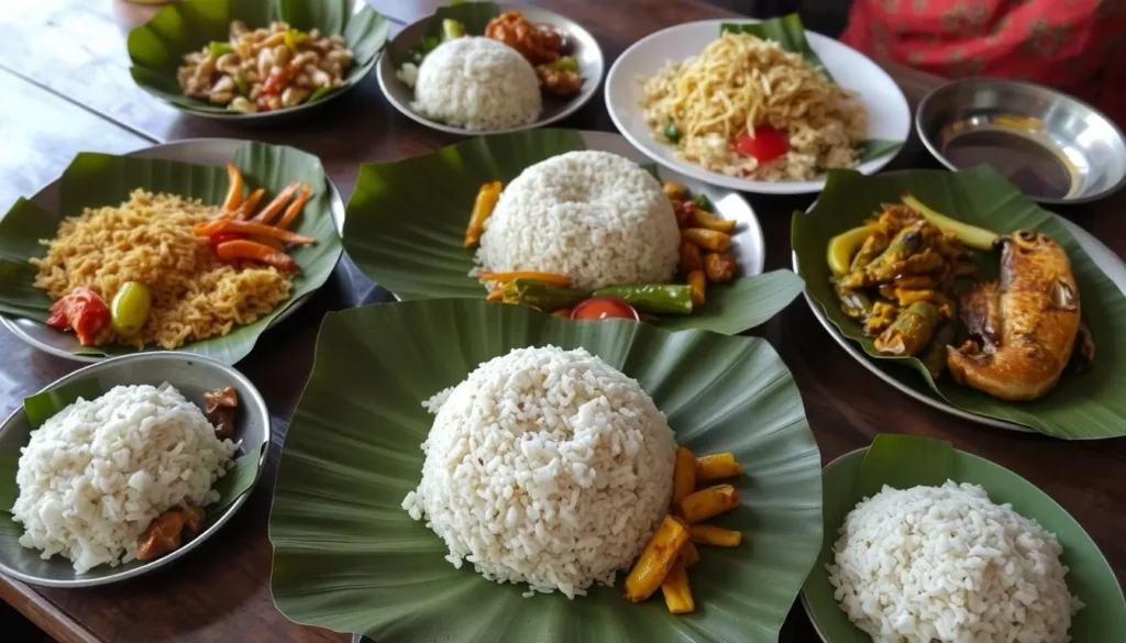 Traditional Sumbanese meal with local dishes served on banana leaves Traditional Sumbanese meal with local dishes served on banana leaves