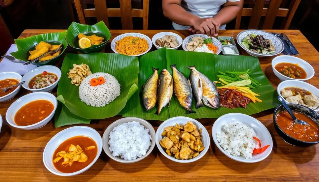 Traditional Sundanese food spread in Bandung, showcasing local cuisine as one of the essential Bandung Indonesia things to do