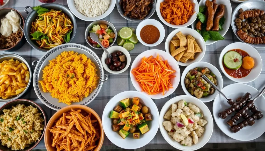 Traditional Sundanese food spread with various dishes in Cimaha, Indonesia