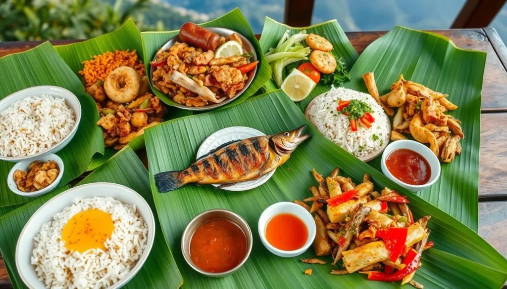 Traditional Sundanese meal served on banana leaves with Mount Gede view Traditional Sundanese meal served on banana leaves with Mount Gede view