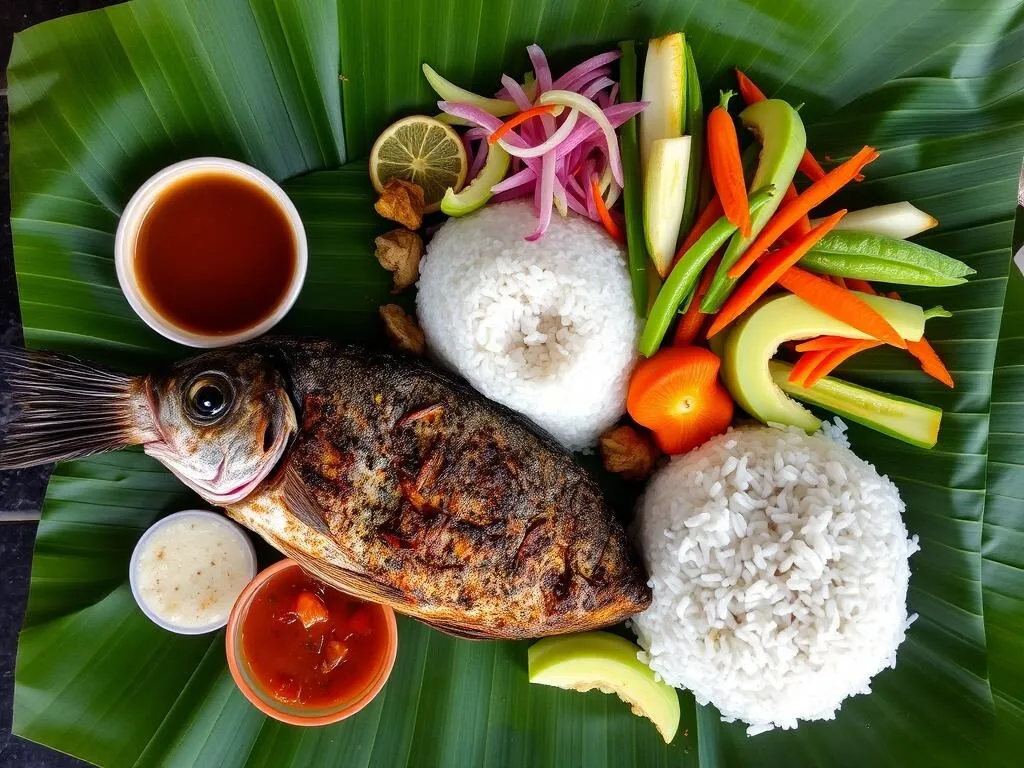 Traditional Sundanese meal with grilled fish, rice, and vegetables served at Peucang Island