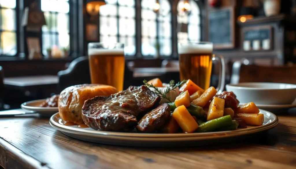 Traditional Sunday roast with Yorkshire pudding served in a York pub