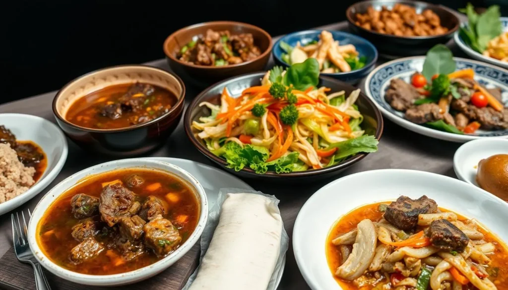 Traditional Surabaya food spread including Rawon (black beef soup), Rujak Cingur, and other local specialties