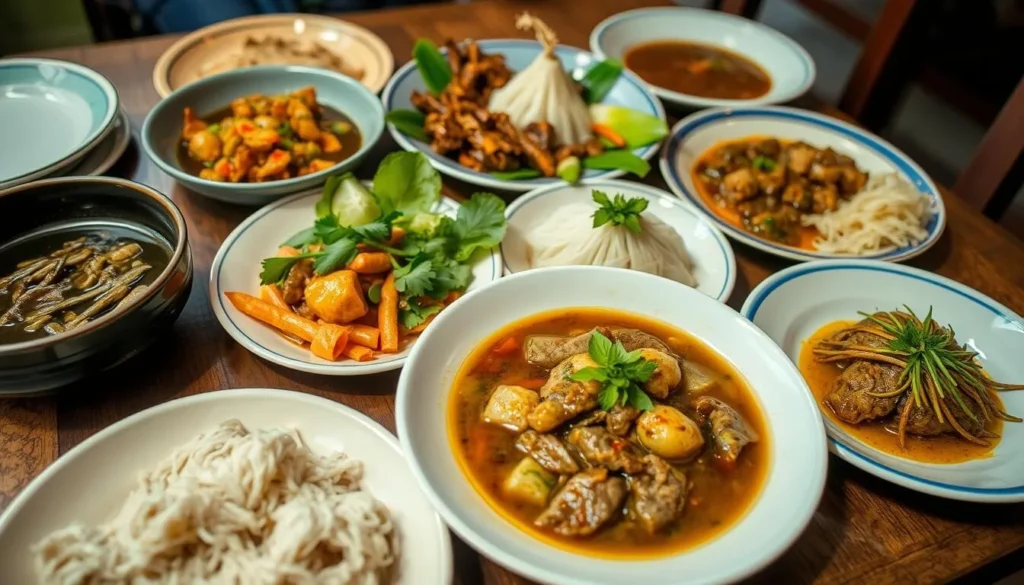 Traditional Surabaya food spread including Rawon (black beef soup) and other local delicacies served at a local restaurant, highlighting culinary things to do in Surabaya Indonesia