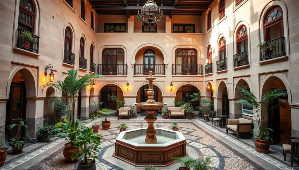 Traditional Syrian courtyard hotel in Hama with fountain and traditional architecture