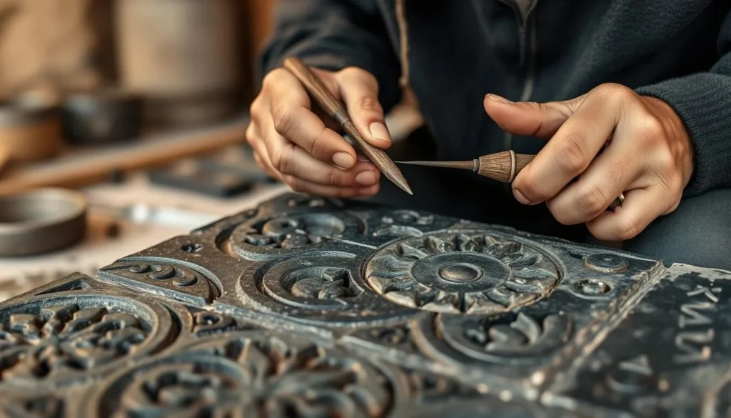 Traditional Syrian craftsman carving intricate designs into basalt stone using traditional tools