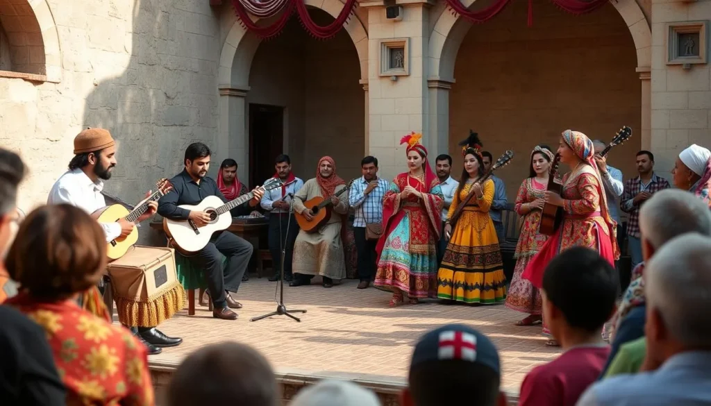 Traditional Syrian cultural performance with musicians and dancers in colorful costumes