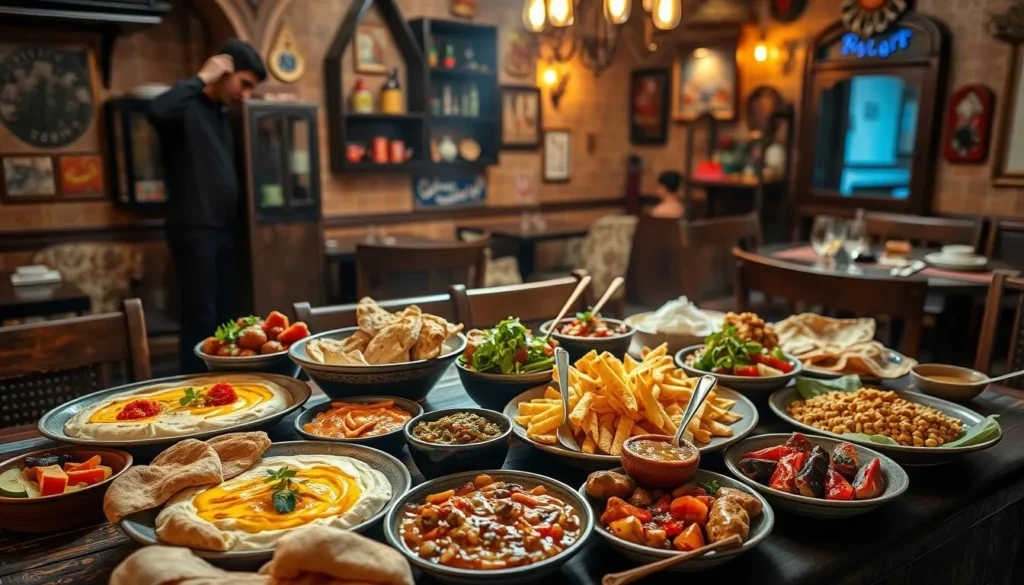 Traditional Syrian food spread with various dishes in Homs restaurant
