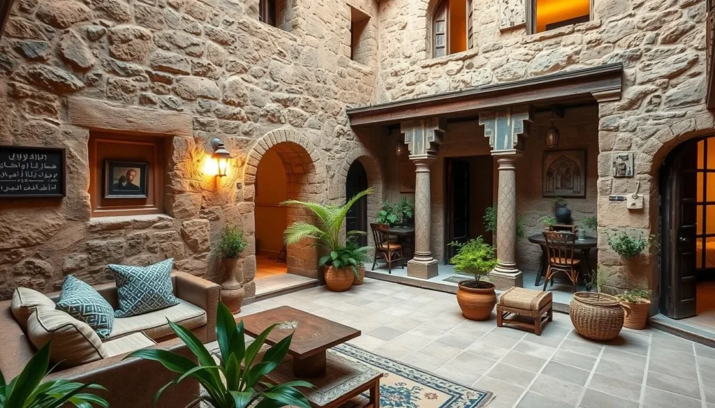 Traditional Syrian guesthouse with courtyard in Bosra featuring basalt stone architecture