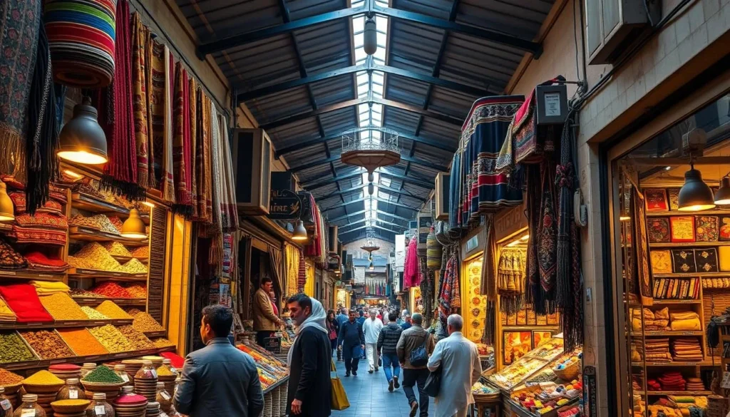 Traditional Syrian market (souk) in Hama with colorful spices and textiles