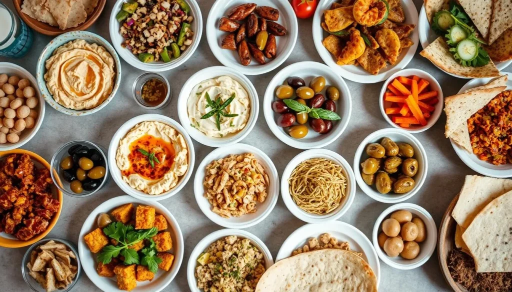 Traditional Syrian meze spread with various dishes, typical food when visiting Palmyra Syria best things to do