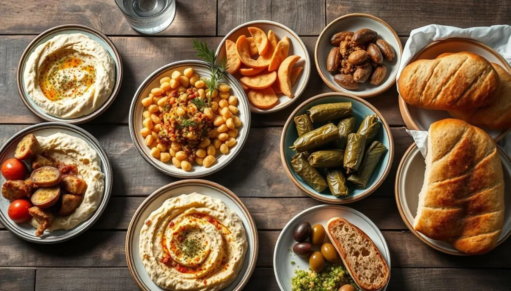 Traditional Syrian mezze spread with hummus, baba ganoush, tabbouleh, and freshly baked bread
